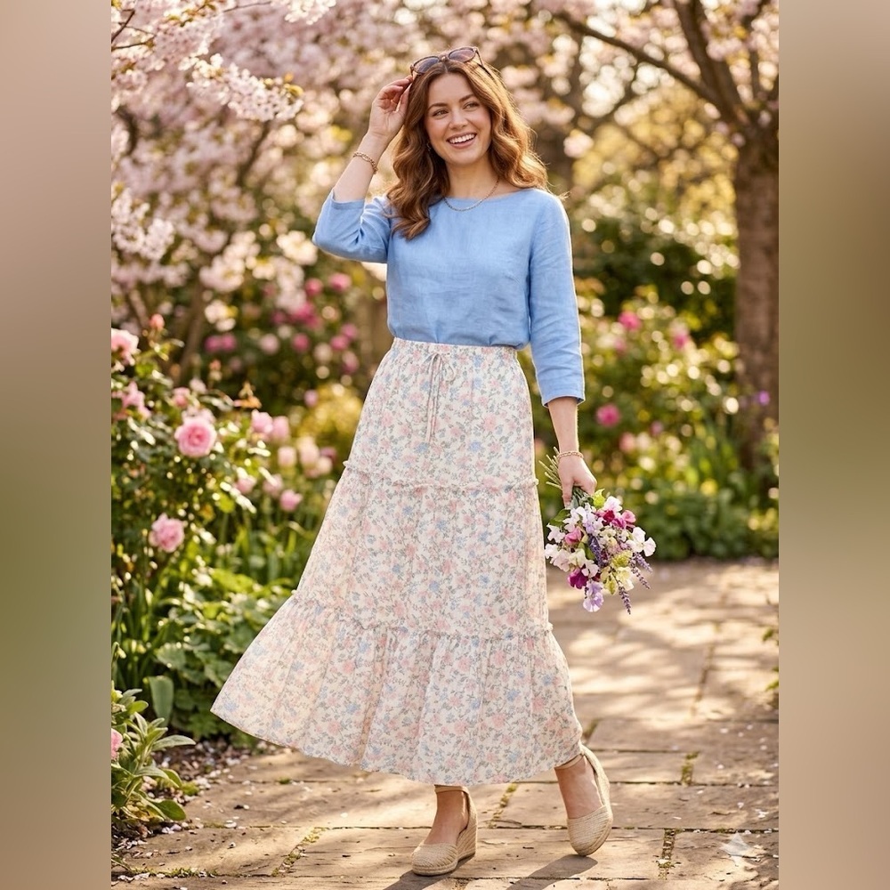 Celebrity Pink Floral Tiered Maxi Skirt - White with Pink & Blue - Picture 2 of 16